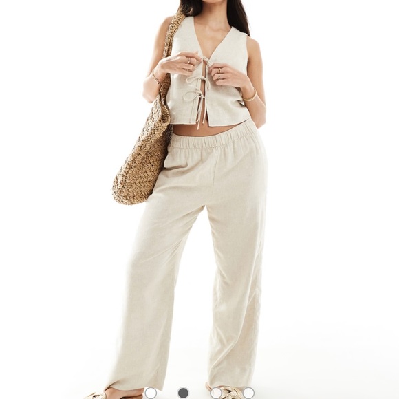 Abercrombie & Fitch Linen-Blend Tie-Front Vest oatmeal heather tan size medium - Picture 3 of 11